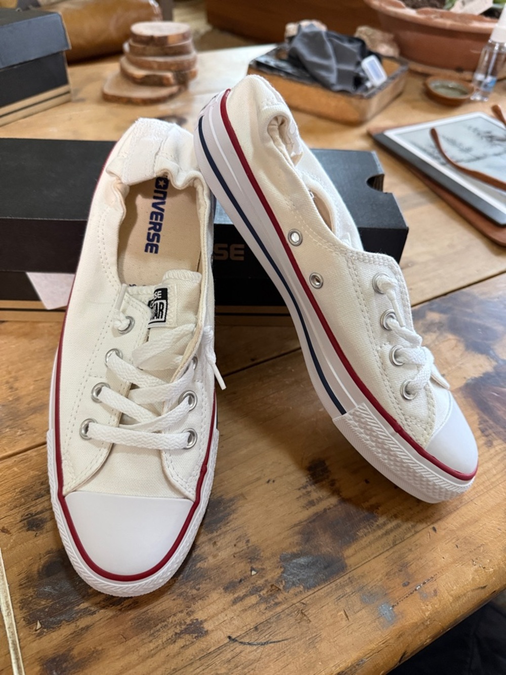 Converse White Canvas CT Shoreline Slip Low-Top Sneakers w/Red & Blue Trim-NIB
